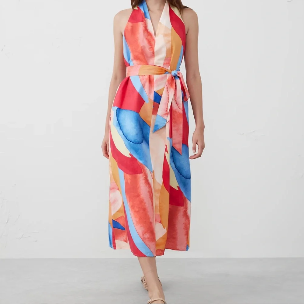 Banana Republic Factory Linen-Blend Twist-Back Midi Dress in Brushstroked Multi - Picture 3 of 8